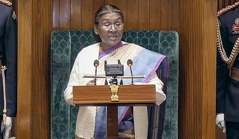 President Droupadi Murmu addresses the joint session of Parliament on the opening day of the Budget session, in New Delhi, on January 31, 2024 